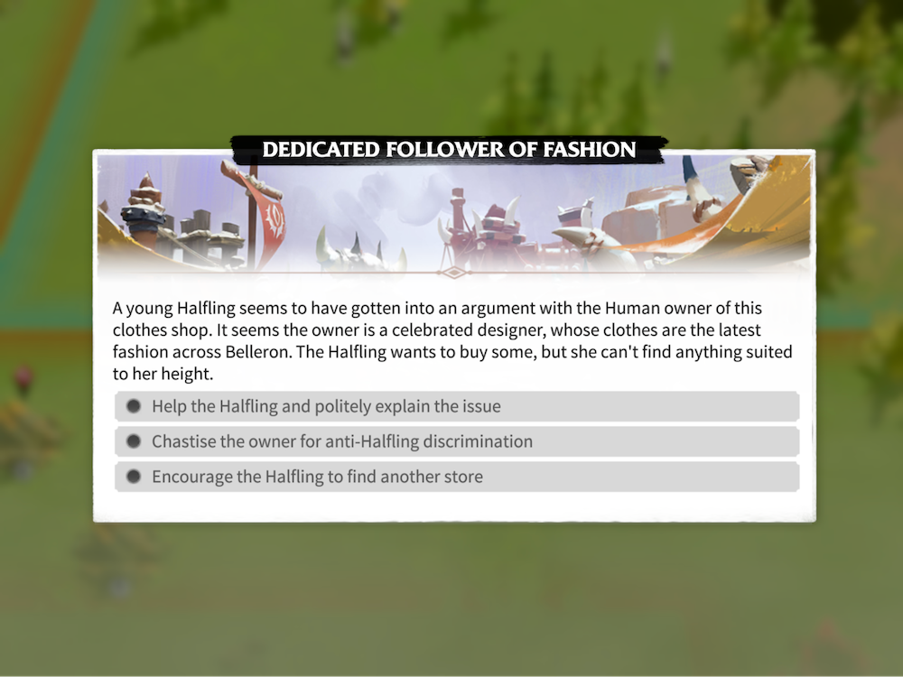 Entering a new village on the world map triggers a short story and dialogue choices