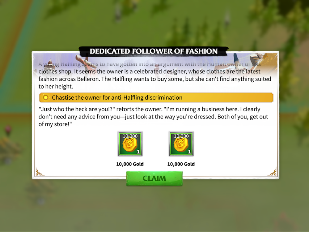 Entering a new village on the world map triggers a short story and dialogue choices