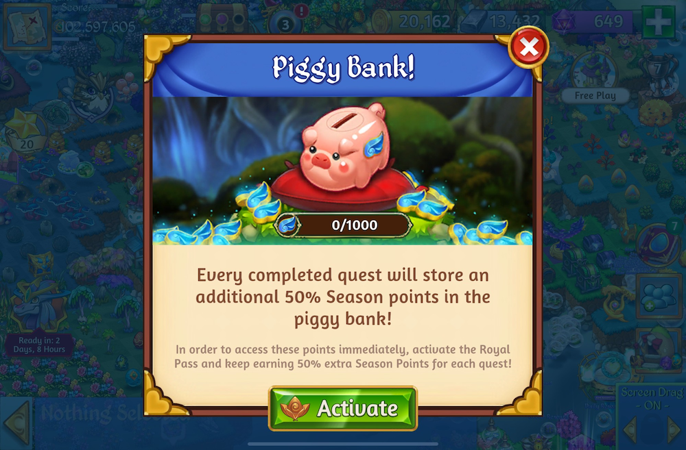 Merge Dragons also features a piggy bank as part of its battle pass