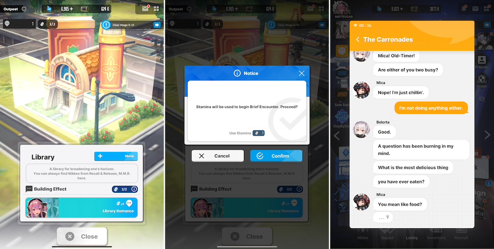 Buildings in the Outpost act as locations for special Brief Encounters. The player's cell phone is also filled with direct messages and group chats where the NIKKE reveal more about their inter-relations.