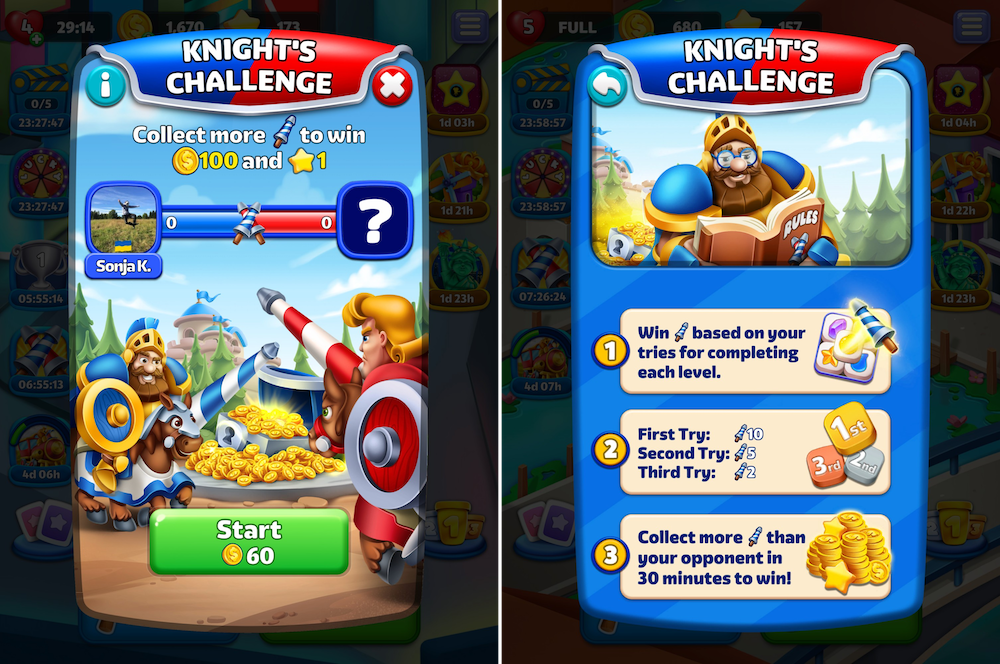 Knight’s Challenge event matches players against a random opponent in a 15-minute head-to-head competition where players who collect more event points from beating levels win. Similar to Toy Blast’s Puzzle Duel, players need to spend soft currency to participate.